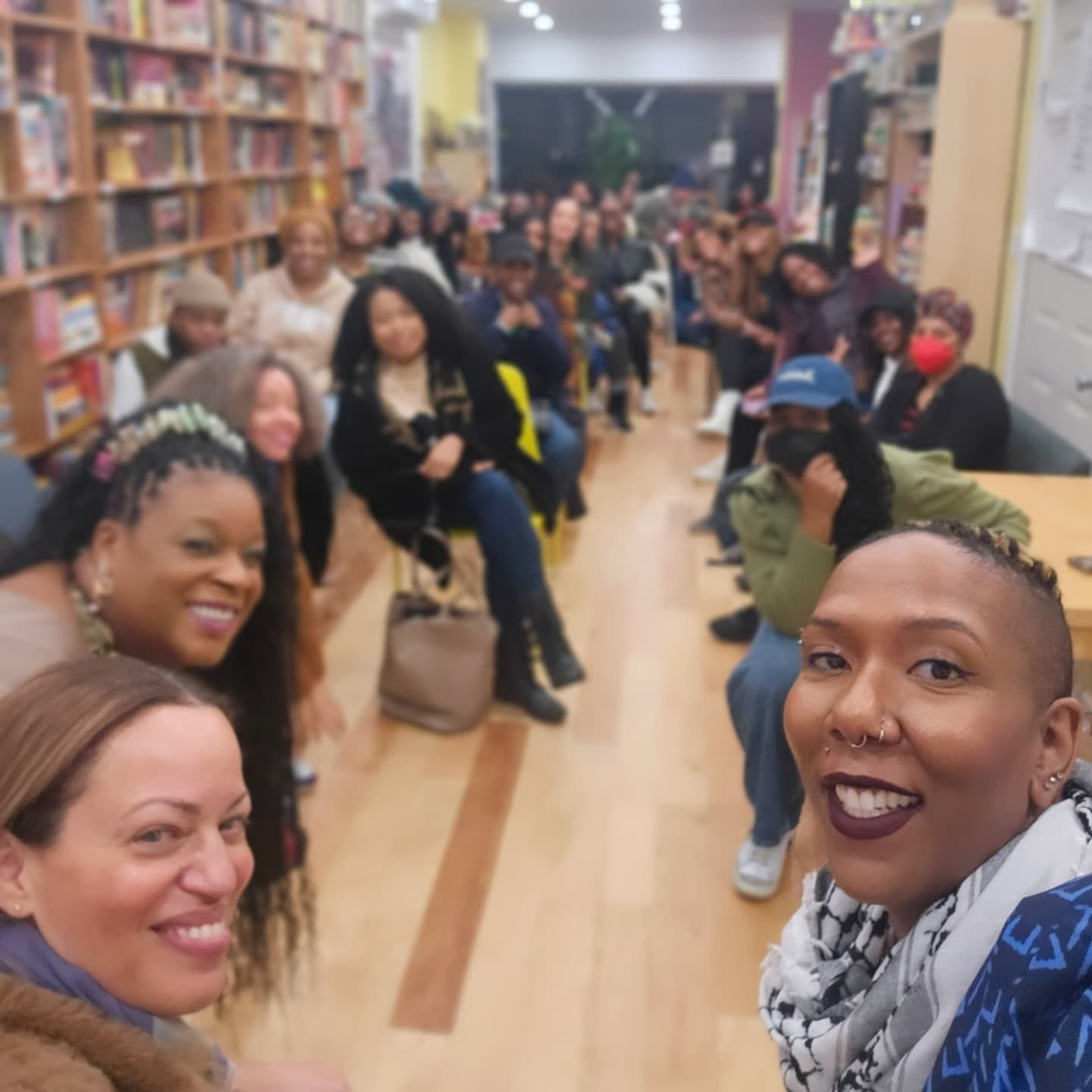 Selfie image showing me, Drew Dixon, and Tamela Gordon in the foreground with audience behind us.