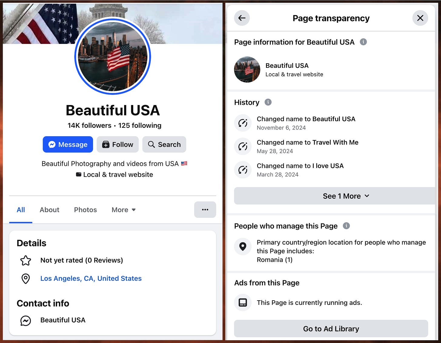 screenshot of the "Beautiful USA" Facebook account, and screenshot of the Page Transparency section showing that the account is operated from Romania screenshot of the "Beautiful USA" Facebook account, and screenshot of the Page Transparency section showing that the account is operated from Romania