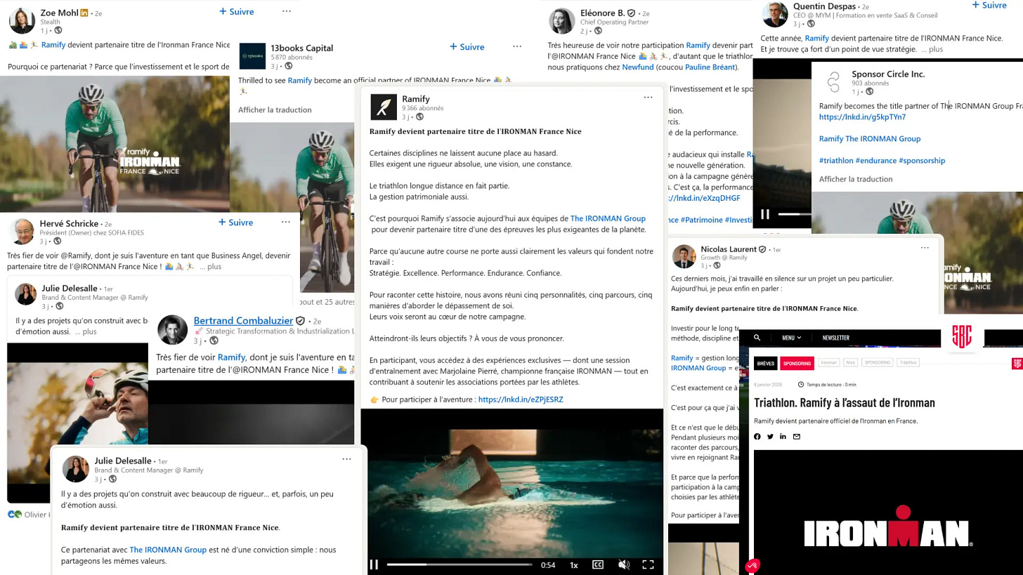 Multiple social media posts announcing the Ramify IRONMAN Nice partnership