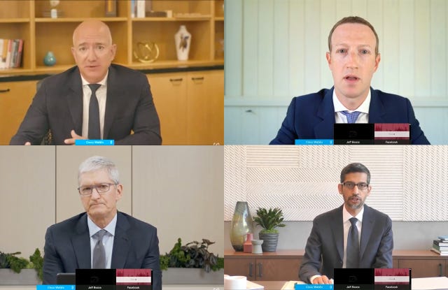 Jeff Bezos, Mark Zuckerberg, Tim Cook and Sundar Pichai appear before the House Judiciary Committee. Jeff Bezos, Mark Zuckerberg, Tim Cook and Sundar Pichai appear before the House Judiciary Committee.