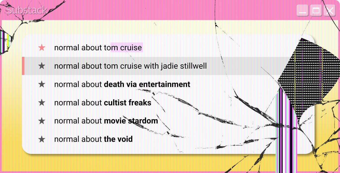 a cracked screen header displaying a search bar with various tom cruise-related entries.