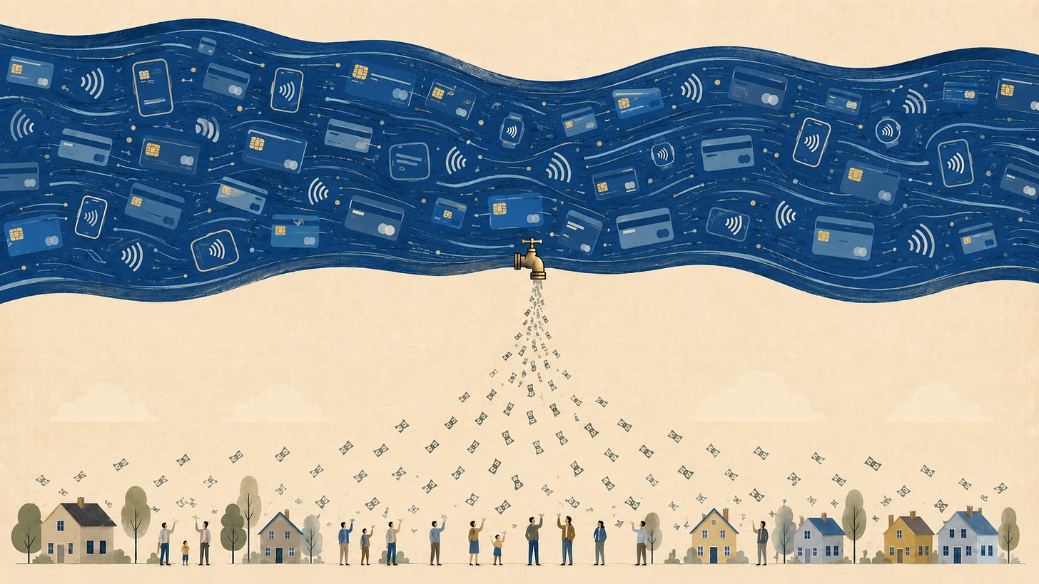 Illustration of a river of digital payments and credit card transactions flowing above a town, with a faucet diverting a stream of dollar bills down to people below — representing how a VAT or transaction tax can fund a universal basic income dividend.