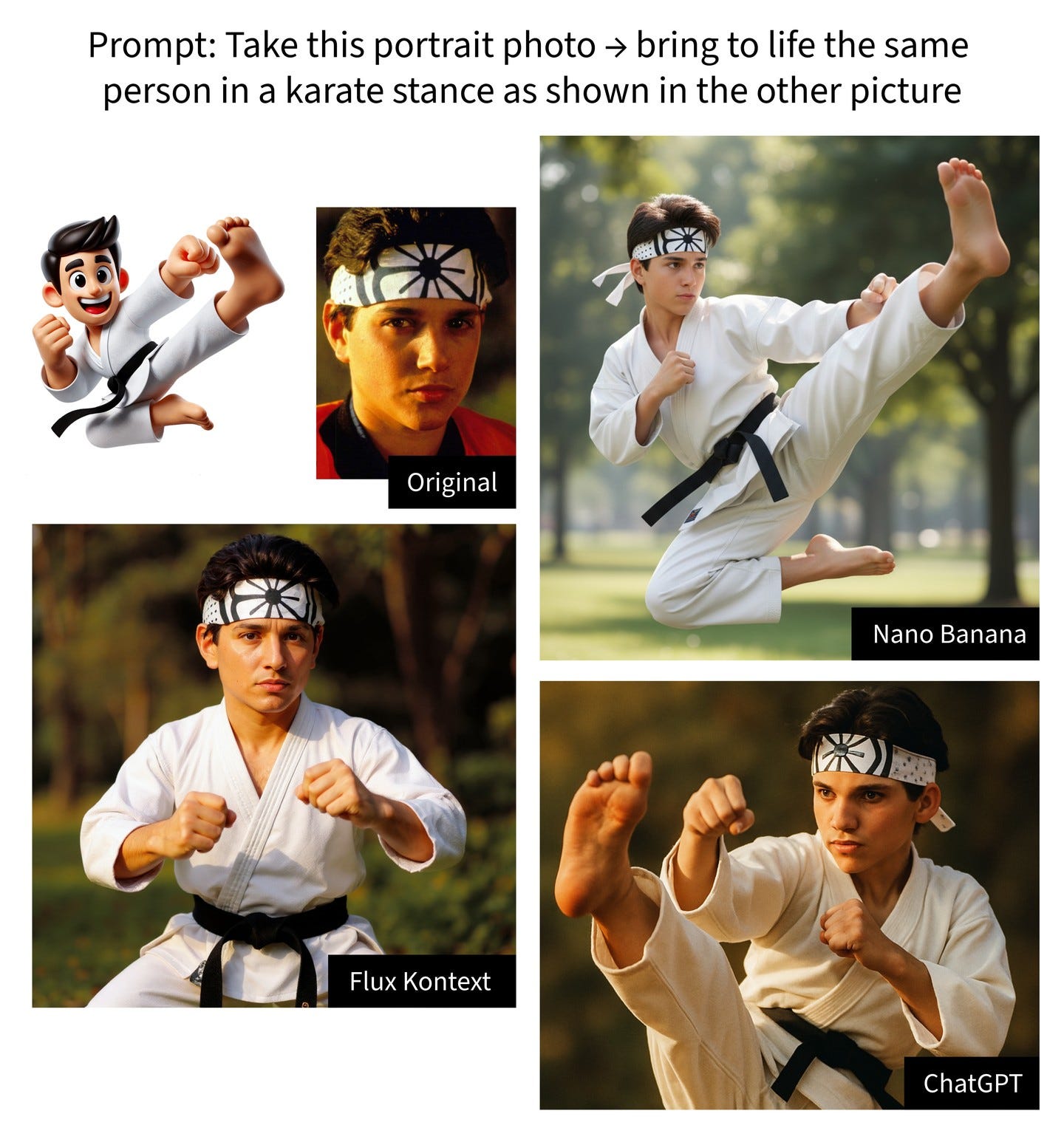 May be an image of 5 people, people performing martial arts, poster and text that says 'Prompt: Take this portrait photo bring to life the same person in a karate stance as shown in the other picture Original NanoBanana Nano Banana Flux FluxKontext Kontext ChatGPT'