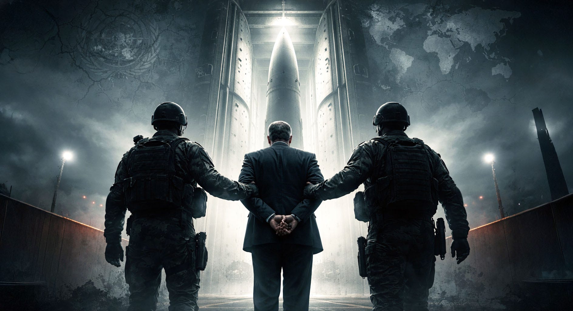 A symbolic image showing a detained political figure overshadowed by a massive nuclear missile silo, representing how nuclear weapons determine whether a nation’s sovereignty is respected.