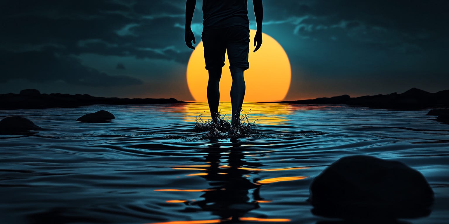 A minimalist surreal illustration of a silhouetted figure walking through a dark viscous substance, like molasses or thick ink. 