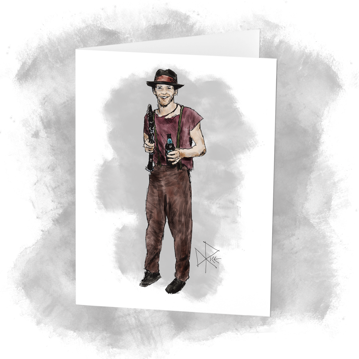 A smiling young man wearing a torn t-shirt and a fedora stands with a beer bottle in one hand and a clarinet in the other. Sketch art by Don Rice. A smiling young man wearing a torn t-shirt and a fedora stands with a beer bottle in one hand and a clarinet in the other. Sketch art by Don Rice.