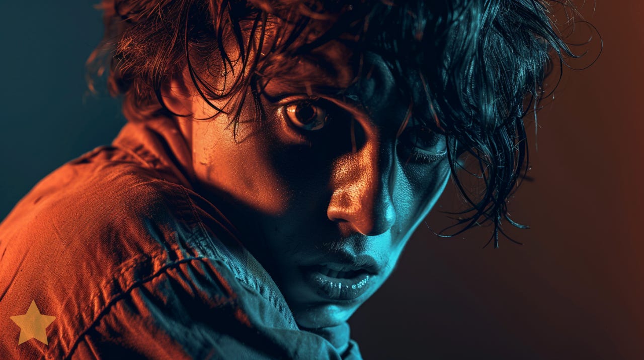 Image Prompt: a highly detailed, dramatic close-up portrait of a person looking over their shoulder and displaying an intense expression of fear and dread. The image should focus on the subject’s eyes and facial features, using a shallow depth of field to blur the background. The lighting should be low-key, with a single light source creating strong shadows and highlights to enhance the dramatic effect. The overall image should have a high contrast black and white look, simulating the texture and grain of Ilford HP5 Plus film. Add a moderate to heavy grain effect to emphasize the gritty and intense mood of the scene. Photo taken with Hasselblad X1D, colors of burnt orange and air superiority blue --style raw --no airplanes cameras --ar 16:9 --v 6.0