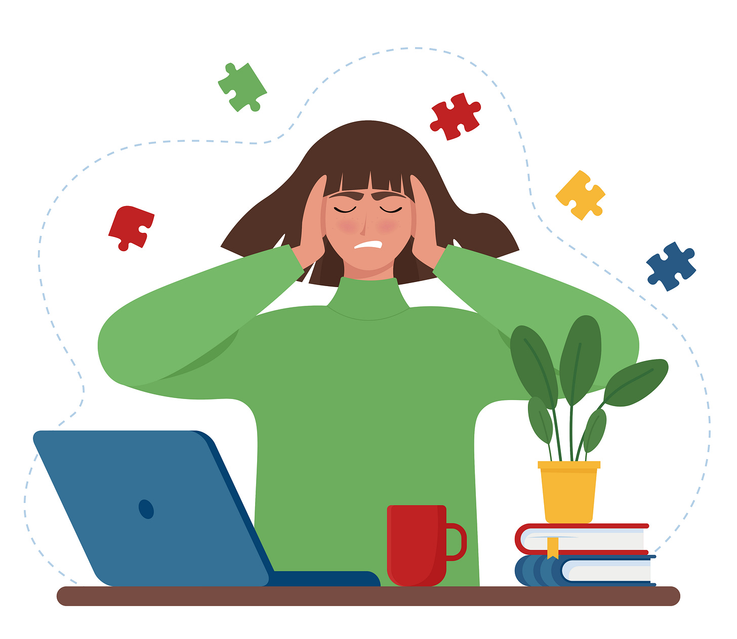 Vector image of woman with brown hair and a green jumper, displaying discomfort with thoughts whilst job searching on a laptop.