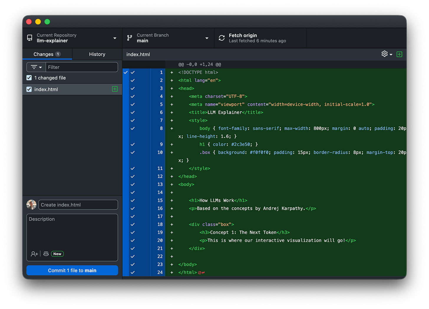 GitHub Desktop showing the new index.html file detected and the blue "Commit to main" button at the bottom left.