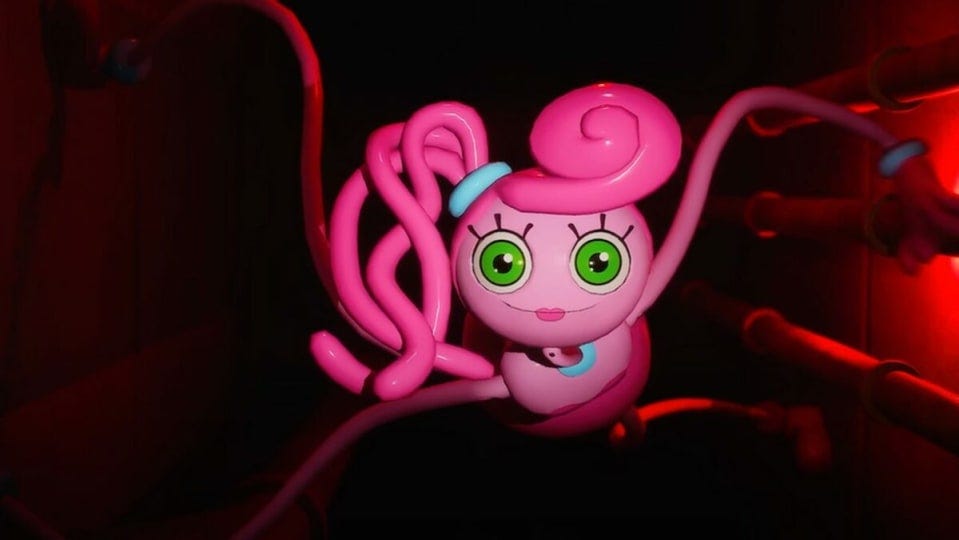 The character of Mommy Long Legs from Poppy Playtime Chapter 2: she is bright pink and looks like a plastic doll - her arms are very long, poseable noodles, as is her hair. Almost all of her is in various shades of pink, and her textures are glossy and uncanny. The character of Mommy Long Legs from Poppy Playtime Chapter 2: she is bright pink and looks like a plastic doll - her arms are very long, poseable noodles, as is her hair. Almost all of her is in various shades of pink, and her textures are glossy and uncanny.