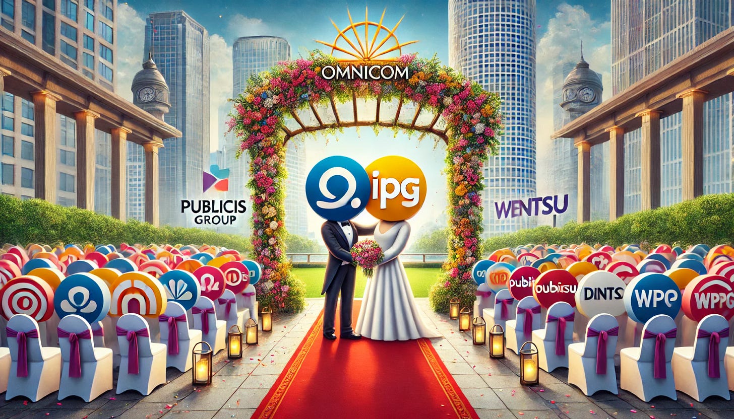 A vibrant and symbolic illustration featuring the logos of Omnicom and Interpublic Group (IPG) as a wedding couple, prominently displayed under an elegant wedding arch. The scene includes the logos of Publicis, Dentsu, and WPP as part of the crowd in the background, witnessing the celebration. The setting is a modern outdoor wedding with a festive atmosphere, complete with decorations, flowers, and confetti. The Omnicom and IPG logos are anthropomorphized but remain easily recognizable, while the crowd logos are secondary and less detailed. The tone is joyful and celebratory.
