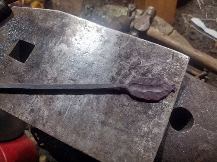 Forging up the copper, and a half-finished leaf finial.