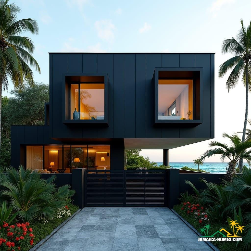 A striking modern black Caribbean cottage in Jamaica, nestled near the beach. The architecture features bold, square, solid lines, with cubic forms stacked in a contemporary Gothic-inspired style. Large, protruding window boxes are framed in matte black steel and concrete. Oversized square windows jut outward, offering views of the turquoise sea and lush tropical greenery. Warm golden interior lighting glows through the solid glass, contrasting with the deep black exterior. The landscape includes tropical palms, flowering plants, and a sleek stone driveway leading to a modern black gate. Cinematic film still, shot on v-raptor XL, film grain, vignette, color graded, post-processed, cinematic lighting, 35mm film, live-action, best quality, atmospheric, masterpiece, epic, stunning, dramatic.