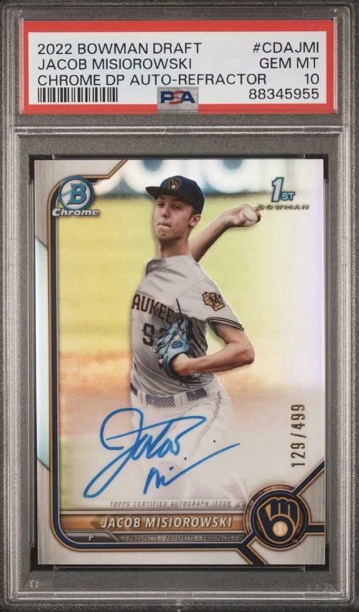 2022 Bowman Draft Chrome Jacob Misiorowski 1st Refractor Auto /499 PSA 10 GEM MT 2022 Bowman Draft Chrome Jacob Misiorowski 1st Refractor Auto /499 PSA 10 GEM MT