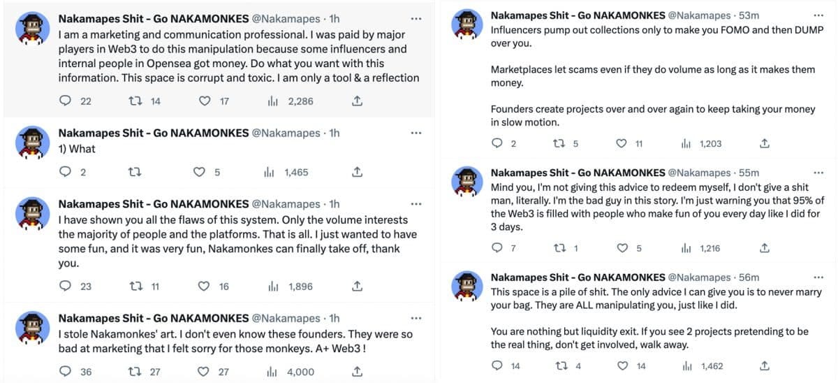 Nakamapes NFTの創設者は、市場を操作するために支払われたとされる