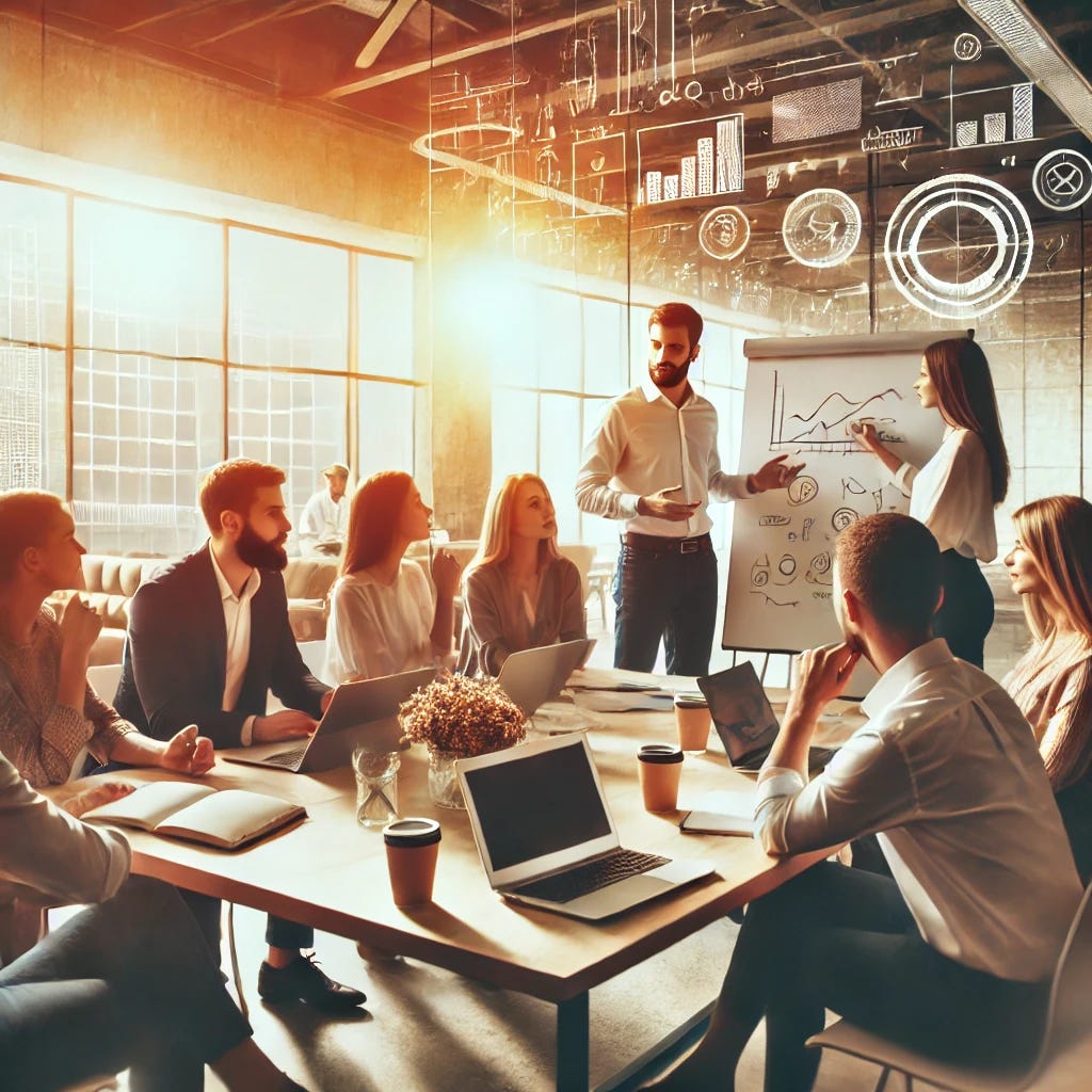 A group of diverse professionals in a modern office setting, engaged in a collaborative discussion with laptops and whiteboards around them, exuding an atmosphere of innovation and teamwork. The image should convey the importance of a strong, effective team in a startup environment.