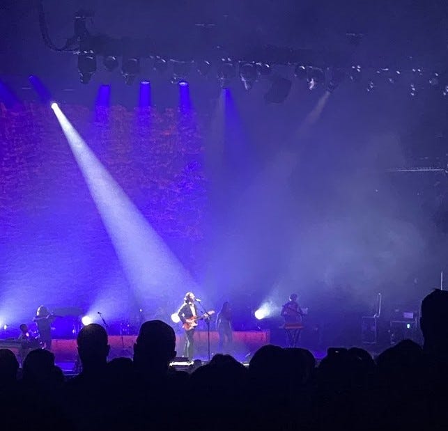 A zoomed-in picture of the concert stage. The backdrop is entirely blue, while a single white spotlight shines down on Hozier, who is holding a guitar and singing in the microphone. 