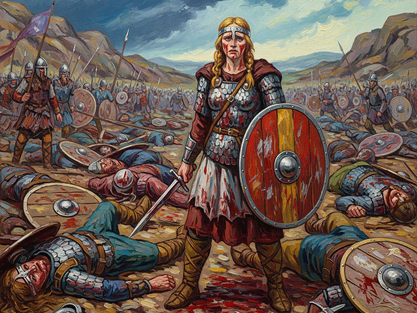 A lone Viking warrior stands among her fallen allies.