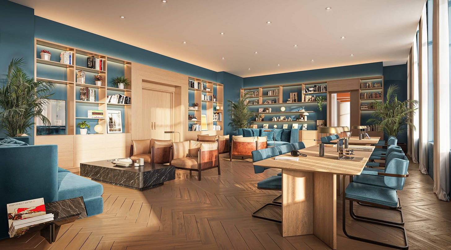 rendering of a lounge with desk space, seating