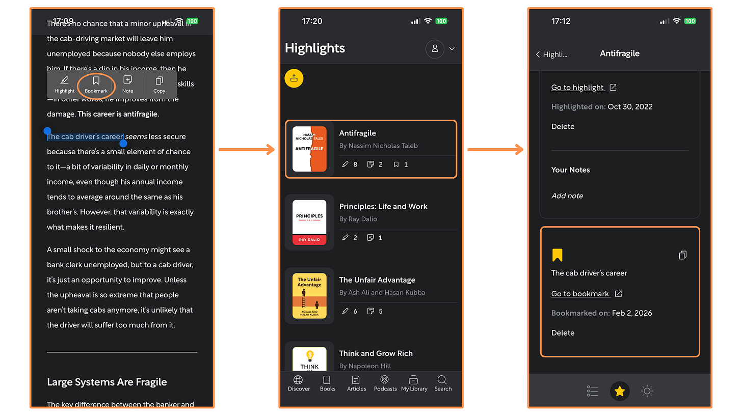 Shortform's bookmarks feature (mobile app + dark mode)
