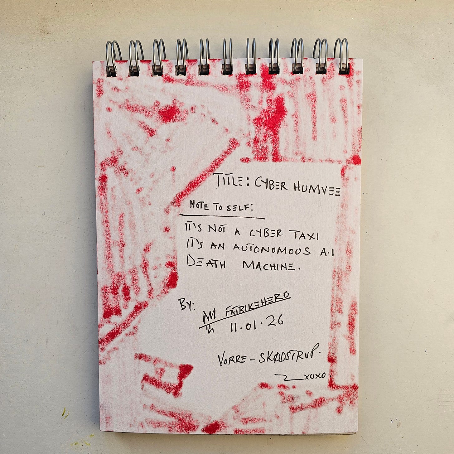 The back of a sketchbook page featuring the handwritten title "Cyber Humvee" and a "Note to Self" stating "It's not a cyber taxi, it's an autonomous A.I. death machine," signed by FatbikeHero.