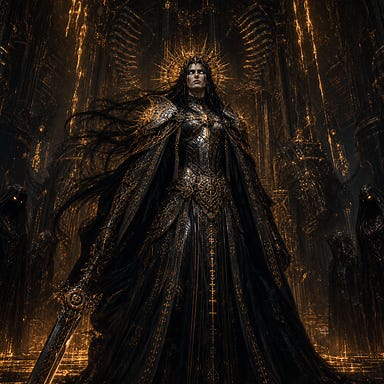 Amber Temple throne hall scene — obsidian and smoldering gold chamber carved from bones of forgotten gods, molten amber light dripping from ceiling, Clarion standing at center in relic‑bone armor etched with runes, long black hair lifted by infernal wind, pale steel‑blue eyes blazing with cold radiance, commanding shadows that obey, fully original face