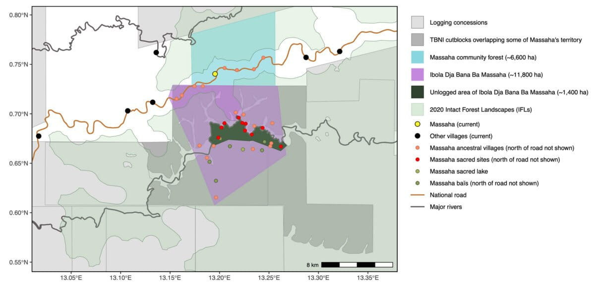 Community biocultural mapping of Ibola Dja Bana Ba Massaha: community-collected data on biocultural sites and territorial limits (north of the national road are not shown), presented along with available data on logging concessions, roads, rivers, and current villages. Also presented, for the purpose of this study, are 2020 Intact Forest Landscapes (IFLs)