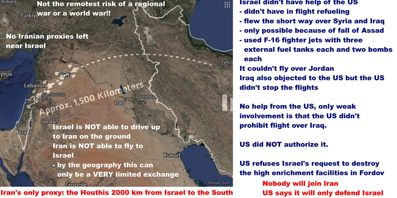 Why Iran and Israel are fighting - about whether Iran can enrich uranium - and no possibility of ground war at all - not regional or world war - symbolic blows by Iran counter serious attack by Israel