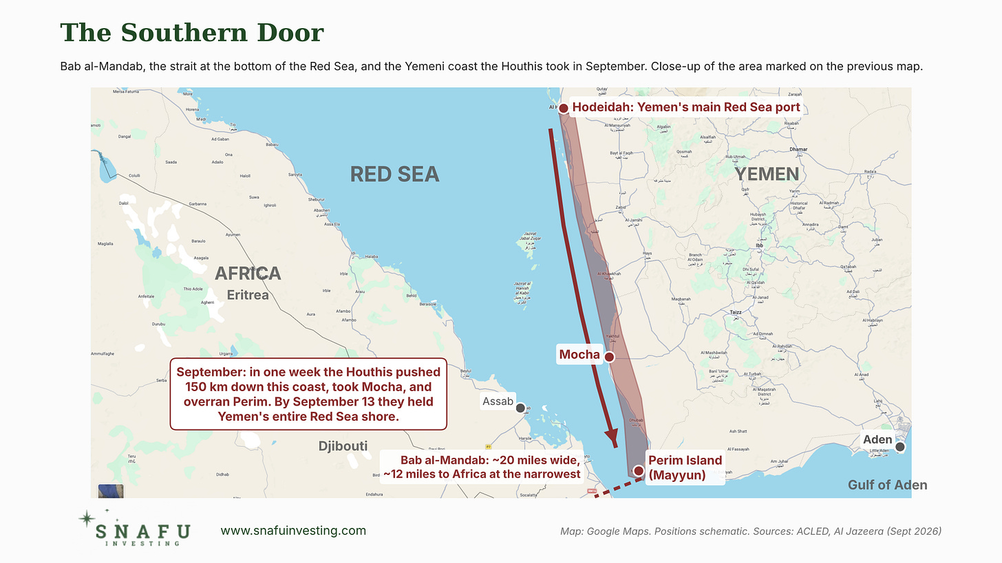 SNAFU Investing. Bab al-Mandab Houthi coast map SNAFU Investing. Bab al-Mandab Houthi coast map