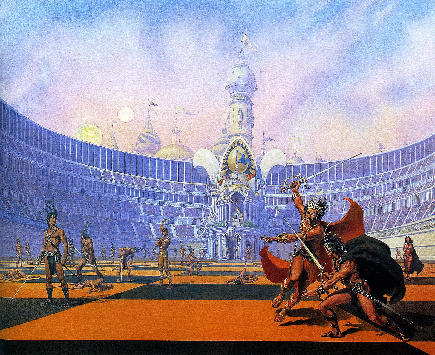 A man in sweeping red cloak assaults a warrior draped in black, who pivots toward him as if caught by surprise. Face etched with rage, the aggressor draws back his sword arm as he dwarfs his opponent in size and ferocity. His advance is aggressive with his limbs aligned all in diagonals. Knees bent and both feet off the ground, he springs into his attack. The sweeping arc of his ornate handguard echoes the delicate filigree of his headpiece. In the background, men wearing feathered plumes on their heads—either red or black—stand among the orange and black checkered squares of the Martian stadium floor as if they are chesspieces on a board. One warrior takes a knee while another is bent at the waist, trying to catch his breath, propping himself on his sword with point in the ground. The bodies of defeated chessmen crumple where they fell as all attention turns to the main combatants. A man in sweeping red cloak assaults a warrior draped in black, who pivots toward him as if caught by surprise. Face etched with rage, the aggressor draws back his sword arm as he dwarfs his opponent in size and ferocity. His advance is aggressive with his limbs aligned all in diagonals. Knees bent and both feet off the ground, he springs into his attack. The sweeping arc of his ornate handguard echoes the delicate filigree of his headpiece. In the background, men wearing feathered plumes on their heads—either red or black—stand among the orange and black checkered squares of the Martian stadium floor as if they are chesspieces on a board. One warrior takes a knee while another is bent at the waist, trying to catch his breath, propping himself on his sword with point in the ground. The bodies of defeated chessmen crumple where they fell as all attention turns to the main combatants.