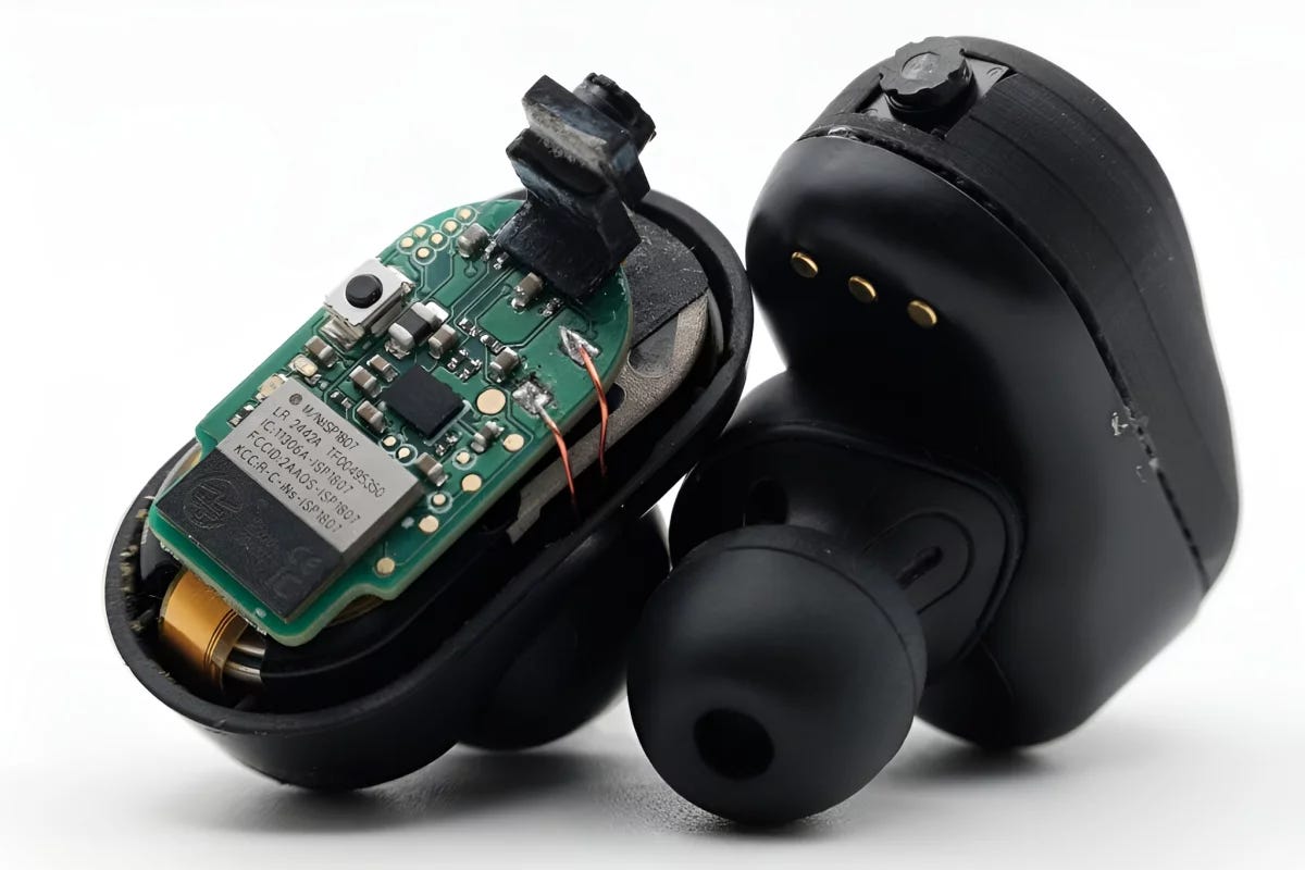 The current VueBuds prototype – a set of Sony WF-1000XM3 earbuds with tiny added cameras