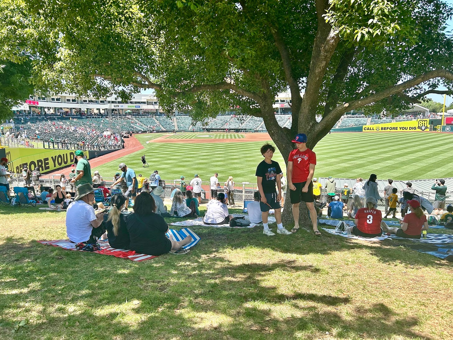 Orion and Floyd standing near a large tree in the outfield at the West Sacramento ballpark, sunlit and smiling before Phillies/A's finale.