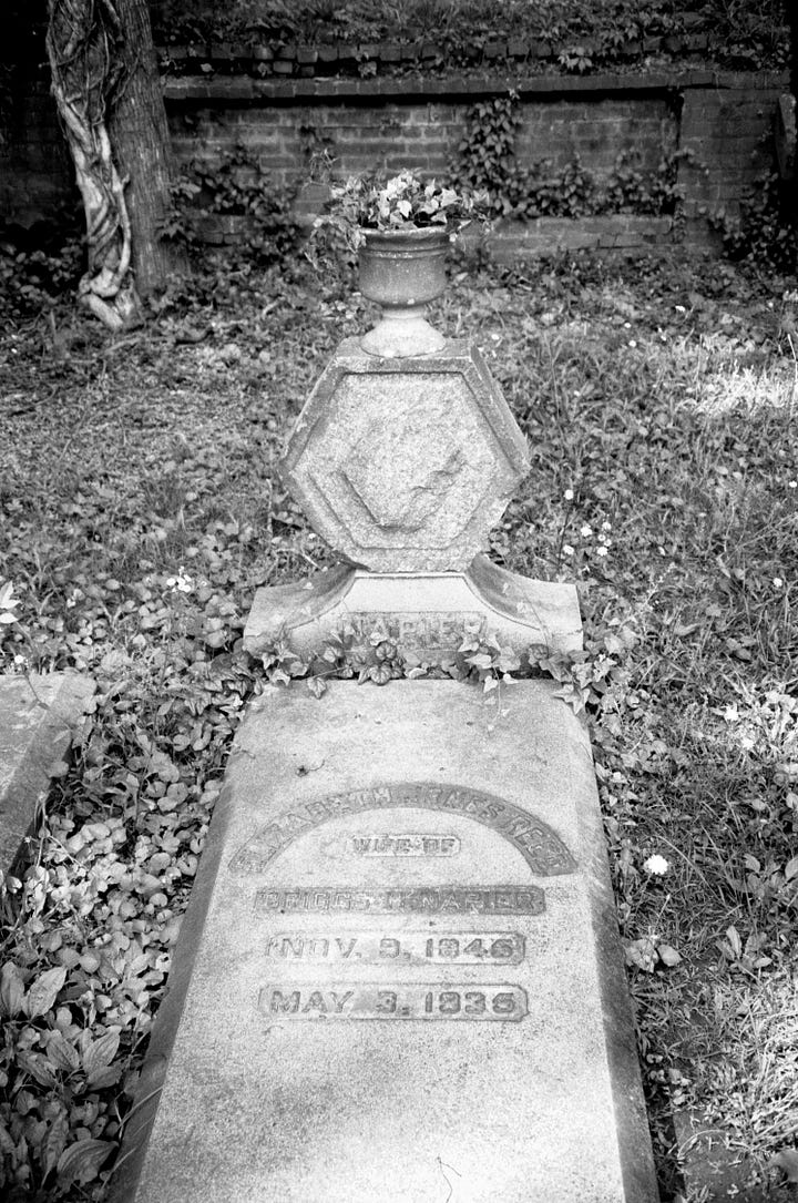 Photos of the grave of Elizabeth Jones Reed Napier. Image on the right shows the terraced nature of the gravesite.
