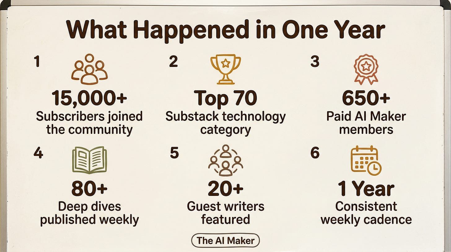 The AI Maker one-year milestone stats: 15,000+ subscribers joined, Top 70 in Substack technology category, 650+ paid AI Maker members, 80+ deep dives published weekly, 20+ guest writers featured, and 1 year of consistent weekly cadence