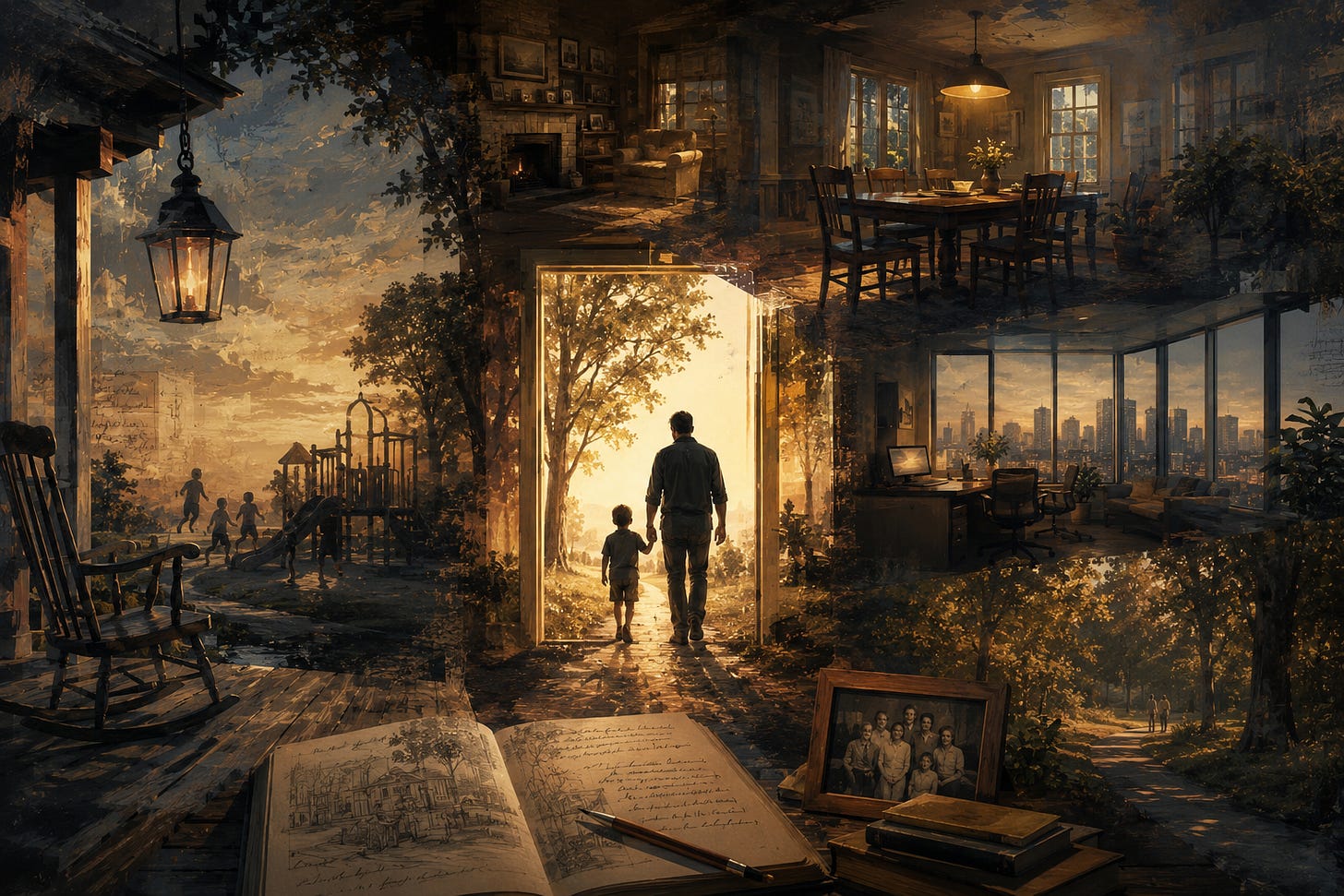 A painterly, cinematic collage depicting a parent and child walking hand in hand through a glowing doorway into a sunlit landscape. Surrounding them are scenes of a family dining room, a cozy living room, a rocking chair on a porch, a modern office overlooking a city, a playground, framed family photographs, and an open journal. The composition symbolizes how homes, workplaces, and cherished places quietly shape our memories, relationships, character, and legacy across generations. A painterly, cinematic collage depicting a parent and child walking hand in hand through a glowing doorway into a sunlit landscape. Surrounding them are scenes of a family dining room, a cozy living room, a rocking chair on a porch, a modern office overlooking a city, a playground, framed family photographs, and an open journal. The composition symbolizes how homes, workplaces, and cherished places quietly shape our memories, relationships, character, and legacy across generations.