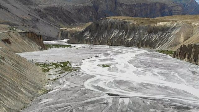 Empty river bed, with water flow patterns in the mountains of himalaya Empty river bed, with water flow patterns in the mountains of himalaya