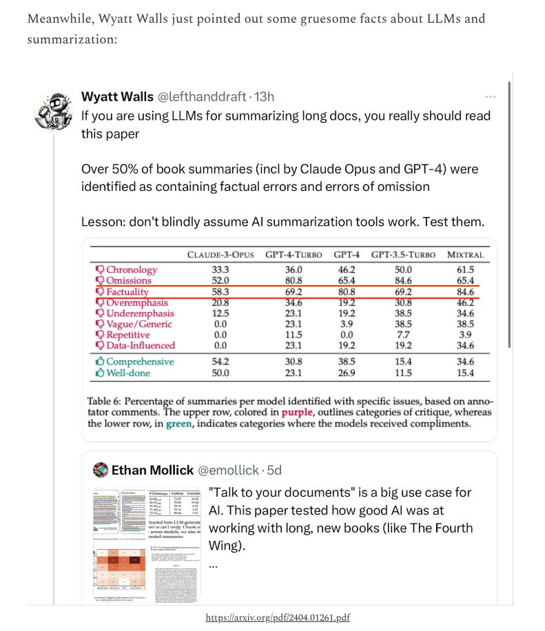 Text from Gary Marcus' post with a tweet from Wyatt Walls about the study in response to a tweet from Ethan Mollick about the same study