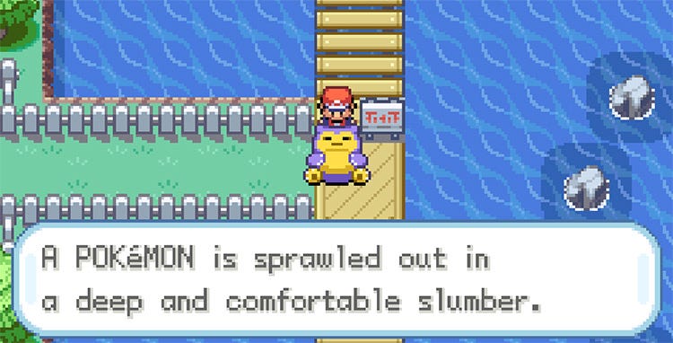 Sprite from Pokemon Fire Red and Leaf Green in pixel art style, with the iconic wild Snorlax blocking the bridge in the center of the screen, so the player cant access the next route to the left of the screen Sprite from Pokemon Fire Red and Leaf Green in pixel art style, with the iconic wild Snorlax blocking the bridge in the center of the screen, so the player cant access the next route to the left of the screen