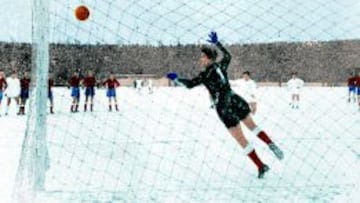 Imagen del partido celebrado en Belgrado con el terreno de juego completamente cubierto de nieve. Imagen del partido celebrado en Belgrado con el terreno de juego completamente cubierto de nieve.
