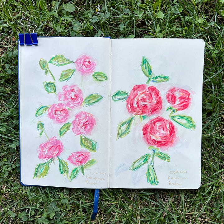 Sketchbook spreads with sketches of flowers and trees made in coloured pencils and crayons.