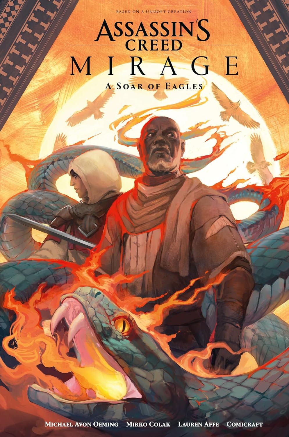 This image is the cover for Assassin’s Creed: Mirage – A Soar of Eagles, published by Dark Horse Comics in collaboration with Ubisoft. It is part of a limited comic book series that expands on the story of the Assassin’s Creed: Mirage game. The artwork, by Mirko Colak with colors by Lauren Affe, features two prominent characters: Roshan, the seasoned assassin and mentor, and Ali, another key figure in the story. Surrounding them is a massive, serpentine creature wrapped in flames and set against a backdrop of soaring eagles—symbolizing conflict, wisdom, and transformation. Scripted by Michael Avon Oeming, this series offers deeper lore and narrative exploration for fans of the game and the broader Assassin's Creed universe. This image is the cover for Assassin’s Creed: Mirage – A Soar of Eagles, published by Dark Horse Comics in collaboration with Ubisoft. It is part of a limited comic book series that expands on the story of the Assassin’s Creed: Mirage game. The artwork, by Mirko Colak with colors by Lauren Affe, features two prominent characters: Roshan, the seasoned assassin and mentor, and Ali, another key figure in the story. Surrounding them is a massive, serpentine creature wrapped in flames and set against a backdrop of soaring eagles—symbolizing conflict, wisdom, and transformation. Scripted by Michael Avon Oeming, this series offers deeper lore and narrative exploration for fans of the game and the broader Assassin's Creed universe.