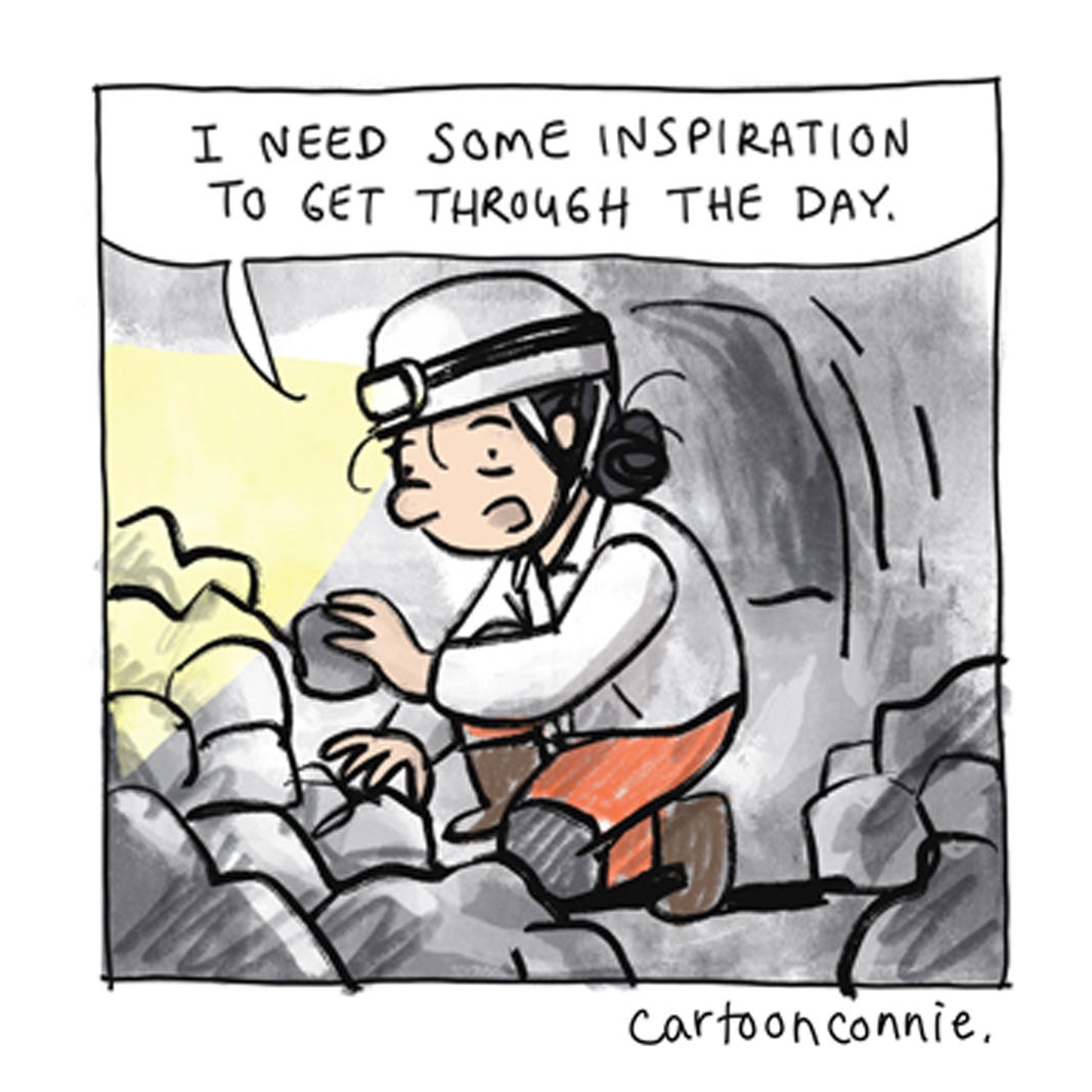 Panel 3 of a 6-panel comic strip about an introvert looking for hope in dark times. Titled "All In An Introvert Day's Work," 2026. Original art by Connie Sun, cartoonconnie.