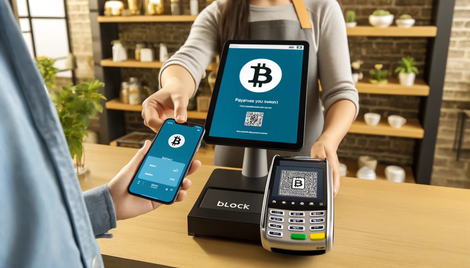 A person making a payment with Bitcoin on a modern Point-of-Sale (PoS) system similar to Block (formerly Square). The scene shows a sleek PoS terminal with a Bitcoin logo displayed on the screen. The user is holding a smartphone displaying a Bitcoin wallet app, scanning a QR code on the PoS screen to complete the transaction. The setting is a contemporary retail store with a minimalistic and tech-savvy design. The cashier is smiling, indicating a successful transaction, with both arms in a natural and relaxed position.