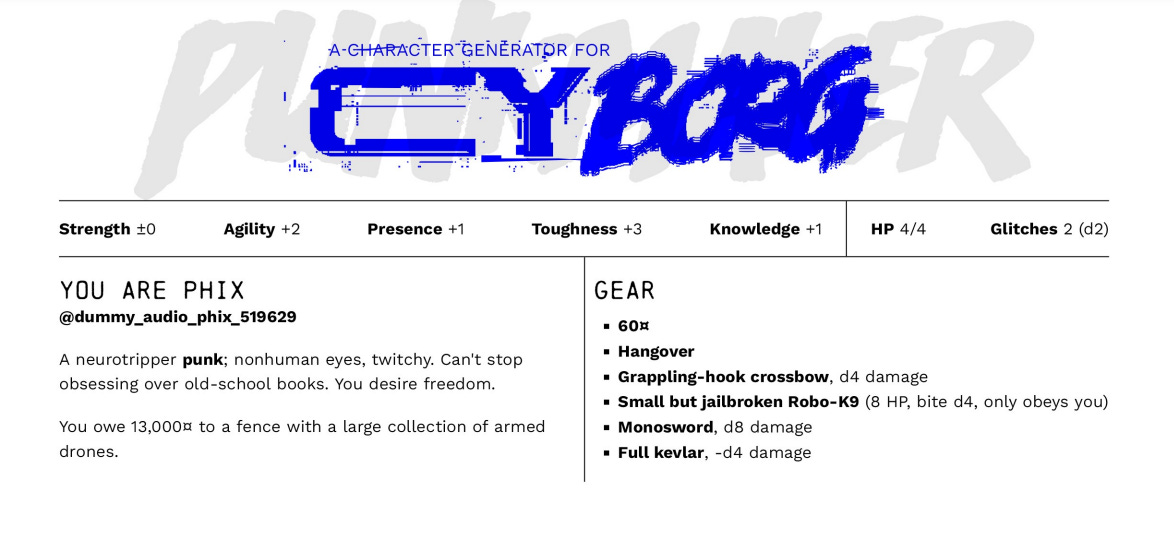 Character sheet for Phix