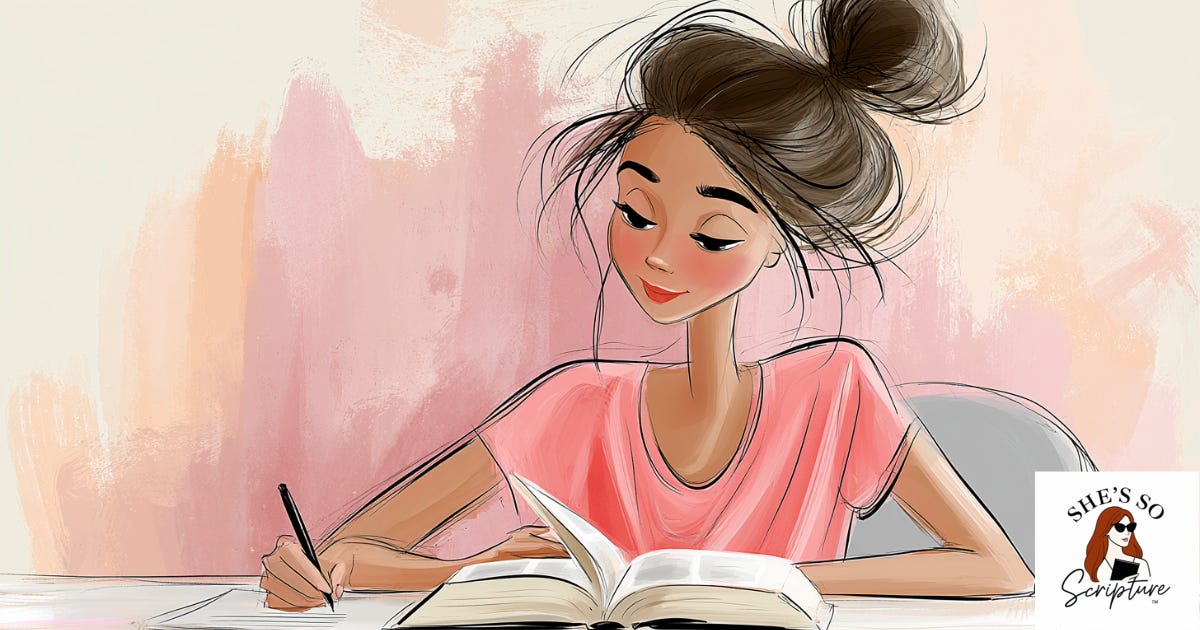 A whimsical fashion illustration of a young woman with dark hair in a loose bun, wearing a pink top, writing in an open book at a table against a soft blush pink watercolor background. A whimsical fashion illustration of a young woman with dark hair in a loose bun, wearing a pink top, writing in an open book at a table against a soft blush pink watercolor background.
