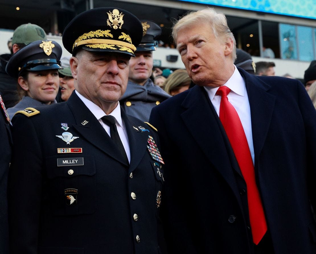 President Donald Trump and Gen. Mark Milley at the Army-Navy football game in December 2018. President Donald Trump and Gen. Mark Milley at the Army-Navy football game in December 2018.