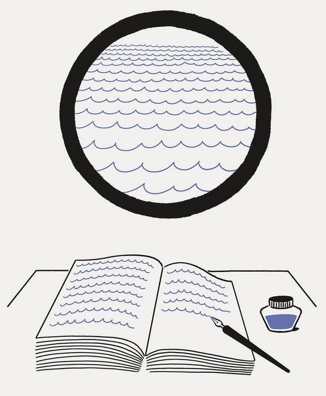 Um desenho apenas com preto, branco, e azul. Uma janela redonda tem linhas que que traçam a onda do mar, e uma mesa na frente da janela tem um caderno sendo preenchido por linhas similares às ondas (elas parecem um escrito distante, também). Ao lado do caderno, a tinta da caneta tinteiro. Um desenho apenas com preto, branco, e azul. Uma janela redonda tem linhas que que traçam a onda do mar, e uma mesa na frente da janela tem um caderno sendo preenchido por linhas similares às ondas (elas parecem um escrito distante, também). Ao lado do caderno, a tinta da caneta tinteiro.