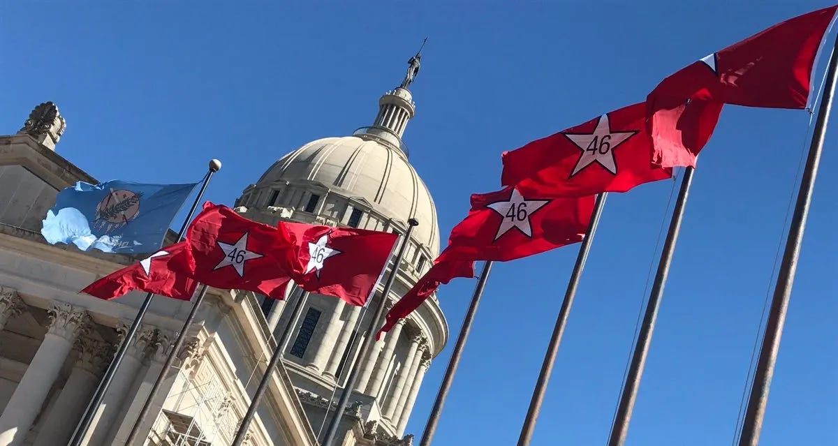 he original state flag is flying high at the Capitol as part of the Capitol Centennial, June 19, 2017 - Gov. Mary Fallin (Twitter) he original state flag is flying high at the Capitol as part of the Capitol Centennial, June 19, 2017 - Gov. Mary Fallin (Twitter)