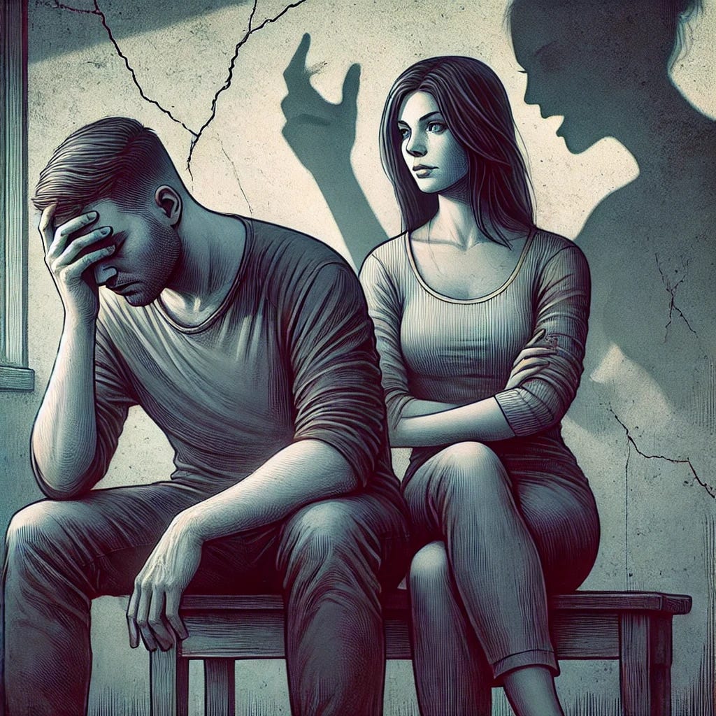 An emotional illustration of a couple sitting together in a dimly lit room. The man looks confused and introspective, holding his head in his hands, while the woman beside him wears a mask of vulnerability but casts a shadow of a controlling and manipulative figure behind her. The setting is symbolic, with cracked walls and subtle hints of emotional turmoil, like faint storm clouds in the background. The color palette uses muted tones of gray and blue, with a faint glow around the man to symbolize self-awareness and hope.