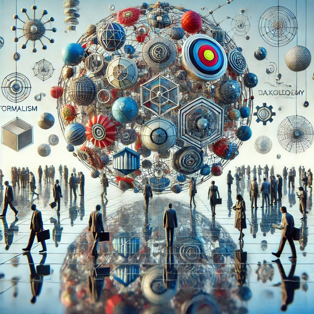 Scientific objects decorating a mesh sphere suspended over a mirrored floor.  Business people in transit on foot. 